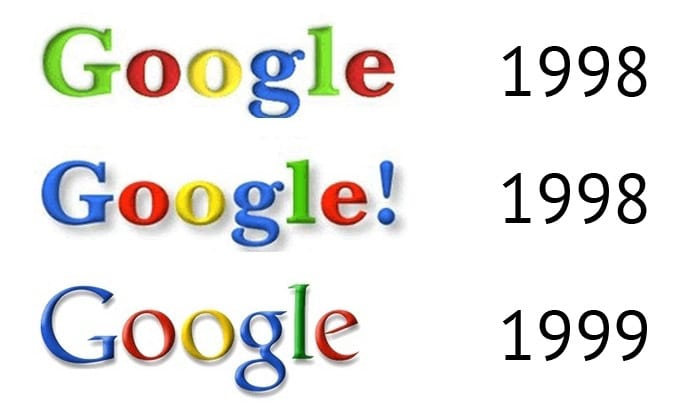diferentes logos do google até a sua versão colorida atual, mostrando a mudança na sua identidade visual